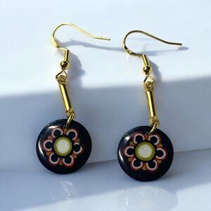 Handmade Ceramic & Enamel Floral Dangle Earrings Black Red White Gold 925 Hooks